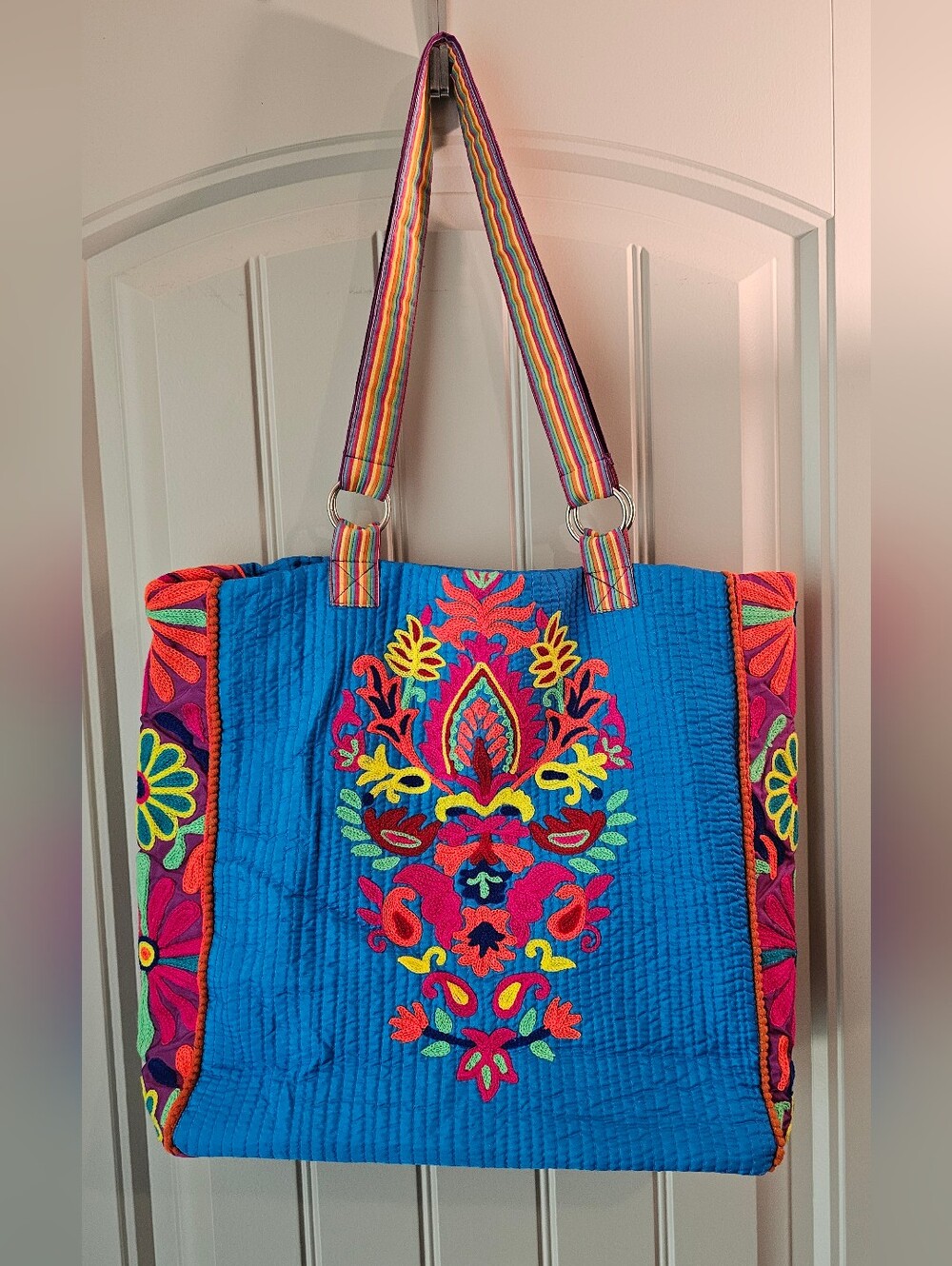 Karma Living Embroidered Boho Tote Bag Quilted Blue Floral Weekender NWOT